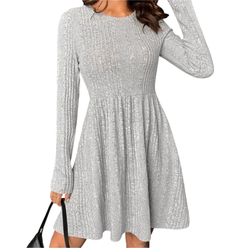 Soft Girl Ballerina Core Ribbed Babydoll FitnFlare Long Sleeve Mini Dress Medium